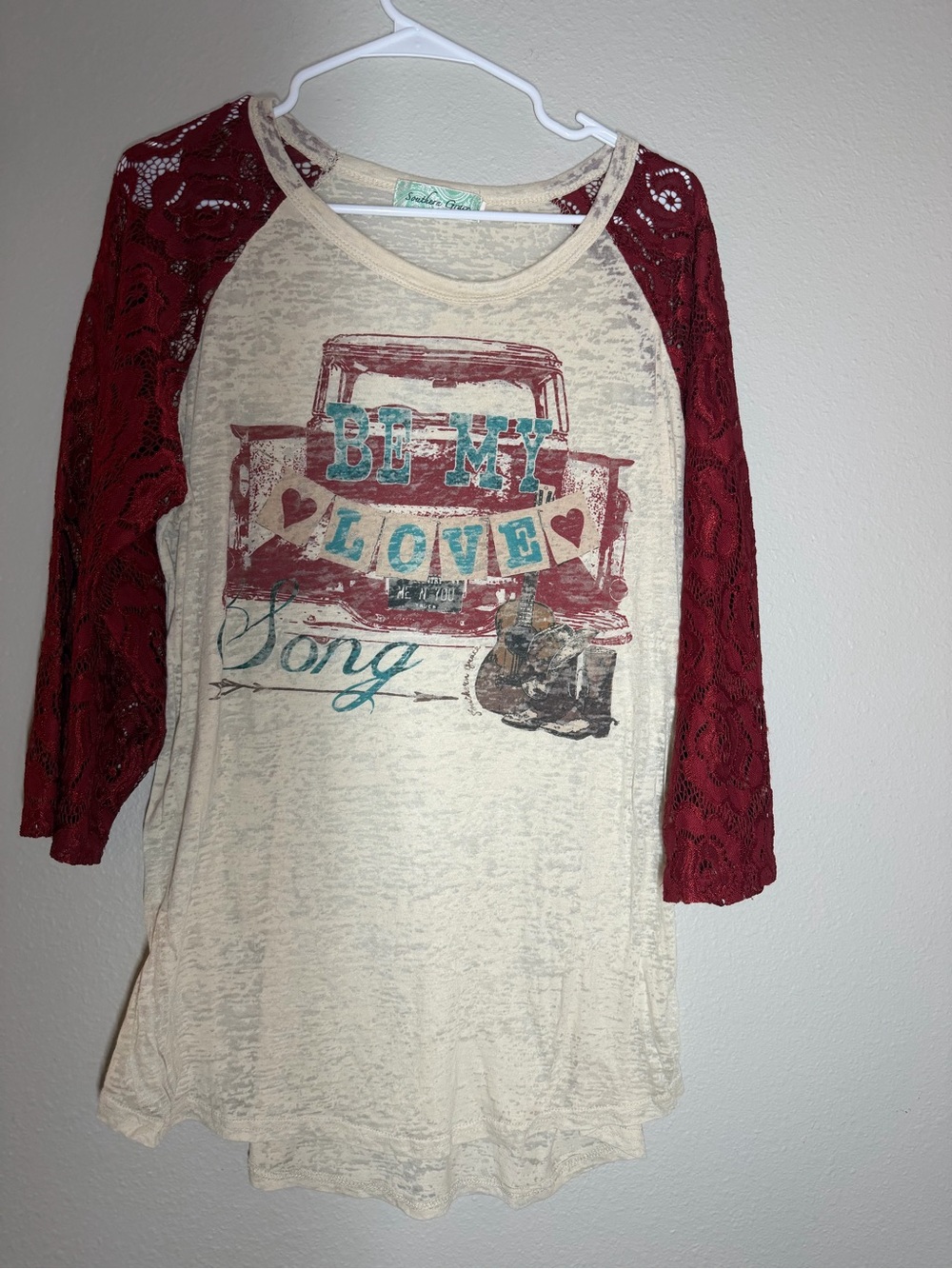 Southern Grace Cream Tee with Burgundy Lace Raglan Sleeves